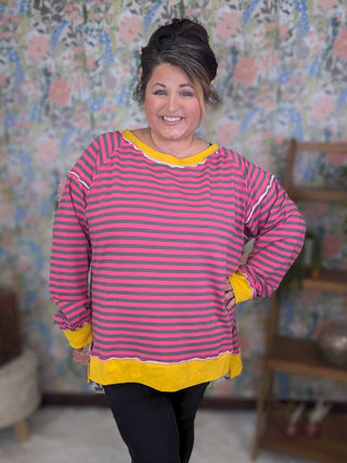 Ally Pink Striped Pullover w/Side Slits-4- Overlayer Tops-WHITE BIRCH-Styled by Stacked - A Plus Size Women's Boutique in Lakeville, MN