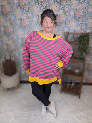 Ally Pink Striped Pullover w/Side Slits-4- Overlayer Tops-WHITE BIRCH-Styled by Stacked - A Plus Size Women's Boutique in Lakeville, MN