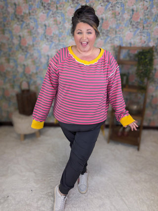 Ally Pink Striped Pullover w/Side Slits-4- Overlayer Tops-WHITE BIRCH-Styled by Stacked - A Plus Size Women's Boutique in Lakeville, MN