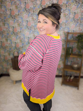 Ally Pink Striped Pullover w/Side Slits-4- Overlayer Tops-WHITE BIRCH-Styled by Stacked - A Plus Size Women's Boutique in Lakeville, MN