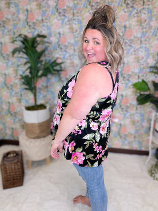 Lulu Crossover Floral Print Tank (2 colors)-1- ShortSlv/Slvless Tops-BE STAGE-Styled by Stacked - A Plus Size Women's Boutique in Lakeville, MN