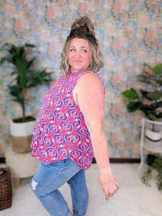Paula High Neck Scoopnbottom Tank in Pink + Blue Damask-1- ShortSlv/Slvless Tops-EMERALD-Styled by Stacked - A Plus Size Women's Boutique in Lakeville, MN