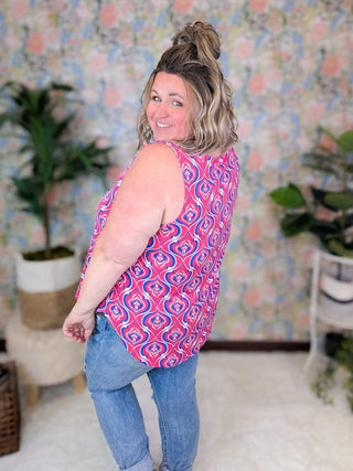 Paula High Neck Scoopnbottom Tank in Pink + Blue Damask-1- ShortSlv/Slvless Tops-EMERALD-Styled by Stacked - A Plus Size Women's Boutique in Lakeville, MN