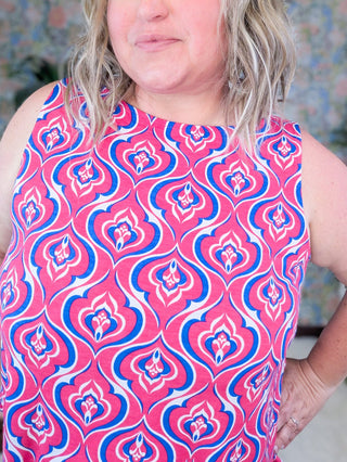 Paula High Neck Scoopnbottom Tank in Pink + Blue Damask-1- ShortSlv/Slvless Tops-EMERALD-Styled by Stacked - A Plus Size Women's Boutique in Lakeville, MN