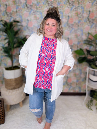 Paula High Neck Scoopnbottom Tank in Pink + Blue Damask-1- ShortSlv/Slvless Tops-EMERALD-Styled by Stacked - A Plus Size Women's Boutique in Lakeville, MN