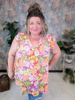 SALE- Catalina Magenta Floral Flutter Sleeve Babydoll Top-1- ShortSlv/Slvless Tops-HEIMISH-Styled by Stacked - A Plus Size Women's Boutique in Lakeville, MN