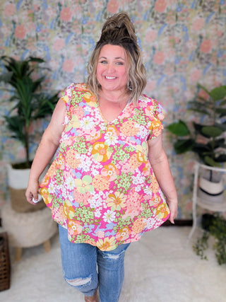 SALE- Catalina Magenta Floral Flutter Sleeve Babydoll Top-1- ShortSlv/Slvless Tops-HEIMISH-Styled by Stacked - A Plus Size Women's Boutique in Lakeville, MN