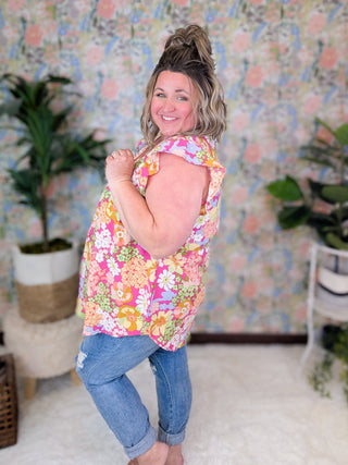 SALE- Catalina Magenta Floral Flutter Sleeve Babydoll Top-1- ShortSlv/Slvless Tops-HEIMISH-Styled by Stacked - A Plus Size Women's Boutique in Lakeville, MN