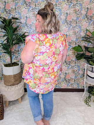 SALE- Catalina Magenta Floral Flutter Sleeve Babydoll Top-1- ShortSlv/Slvless Tops-HEIMISH-Styled by Stacked - A Plus Size Women's Boutique in Lakeville, MN