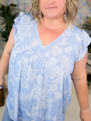 Aria Flutter Sleeve Vneck in Sky Blue Floral-1- ShortSlv/Slvless Tops-HEIMISH-Styled by Stacked - A Plus Size Women's Boutique in Lakeville, MN