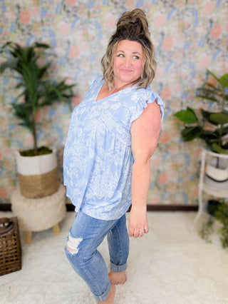 Aria Flutter Sleeve Vneck in Sky Blue Floral-1- ShortSlv/Slvless Tops-HEIMISH-Styled by Stacked - A Plus Size Women's Boutique in Lakeville, MN