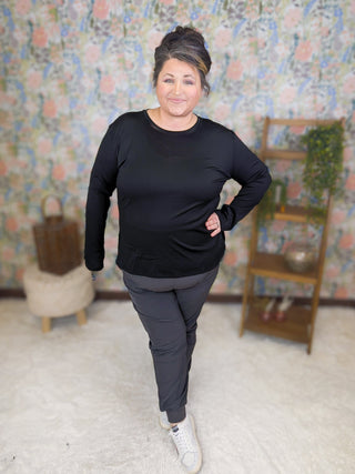 Clarissa Scoop Bottom Active Long Sleeve Top in Black-2- Long Sleeve Tops-WHITE BIRCH-Styled by Stacked - A Plus Size Women's Boutique in Lakeville, MN