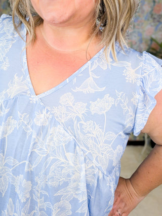 Aria Flutter Sleeve Vneck in Sky Blue Floral-1- ShortSlv/Slvless Tops-HEIMISH-Styled by Stacked - A Plus Size Women's Boutique in Lakeville, MN