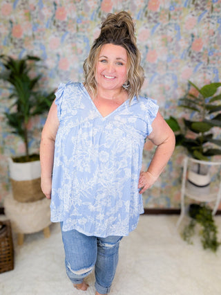 Aria Flutter Sleeve Vneck in Sky Blue Floral-1- ShortSlv/Slvless Tops-HEIMISH-Styled by Stacked - A Plus Size Women's Boutique in Lakeville, MN
