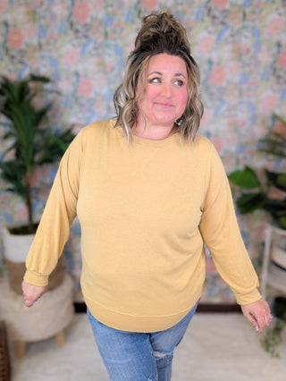 Lainie French Terry Casual Pullover in Faded Gold-2- Long Sleeve Tops-EMERALD-Styled by Stacked - A Plus Size Women's Boutique in Lakeville, MN