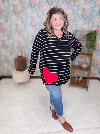 Jonah Black Striped Tunic w/Heart Accent-2- Long Sleeve Tops-HEIMISH-Styled by Stacked - A Plus Size Women's Boutique in Lakeville, MN