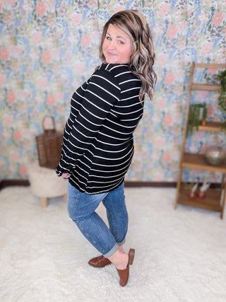 Jonah Black Striped Tunic w/Heart Accent-2- Long Sleeve Tops-HEIMISH-Styled by Stacked - A Plus Size Women's Boutique in Lakeville, MN