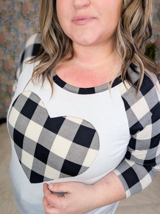 Luna Plaid Heart 3/4 Sleeve Raglan-2- Long Sleeve Tops-HEIMISH-Styled by Stacked - A Plus Size Women's Boutique in Lakeville, MN