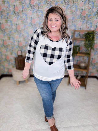 Luna Plaid Heart 3/4 Sleeve Raglan-2- Long Sleeve Tops-HEIMISH-Styled by Stacked - A Plus Size Women's Boutique in Lakeville, MN