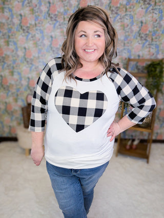 Luna Plaid Heart 3/4 Sleeve Raglan-2- Long Sleeve Tops-HEIMISH-Styled by Stacked - A Plus Size Women's Boutique in Lakeville, MN