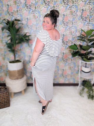 SALE- Isabella Ivory + Black Stripe Maxi Dress w/Flounce Top-11- Dress/Romp/Jump-sweet lovely by jen-Styled by Stacked - A Plus Size Women's Boutique in Lakeville, MN
