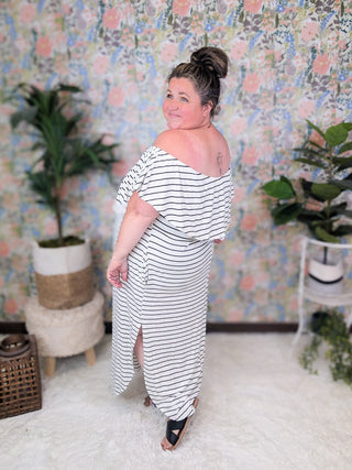 SALE- Isabella Ivory + Black Stripe Maxi Dress w/Flounce Top-11- Dress/Romp/Jump-sweet lovely by jen-Styled by Stacked - A Plus Size Women's Boutique in Lakeville, MN