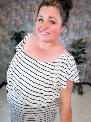 SALE- Isabella Ivory + Black Stripe Maxi Dress w/Flounce Top-11- Dress/Romp/Jump-sweet lovely by jen-Styled by Stacked - A Plus Size Women's Boutique in Lakeville, MN