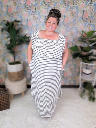 SALE- Isabella Ivory + Black Stripe Maxi Dress w/Flounce Top-11- Dress/Romp/Jump-sweet lovely by jen-Styled by Stacked - A Plus Size Women's Boutique in Lakeville, MN