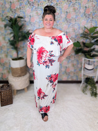 SALE- Isadora Ivory Floral Maxi Dress w/Flounce Top-11- Dress/Romp/Jump-sweet lovely by jen-Styled by Stacked - A Plus Size Women's Boutique in Lakeville, MN