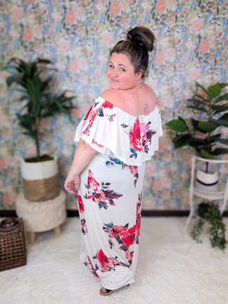 SALE- Isadora Ivory Floral Maxi Dress w/Flounce Top-11- Dress/Romp/Jump-sweet lovely by jen-Styled by Stacked - A Plus Size Women's Boutique in Lakeville, MN