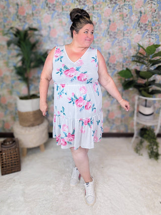 SALE- Vienna Vneck Tiered Tank Dress in Light Gray Floral-11- Dress/Romp/Jump-HEIMISH-Styled by Stacked - A Plus Size Women's Boutique in Lakeville, MN
