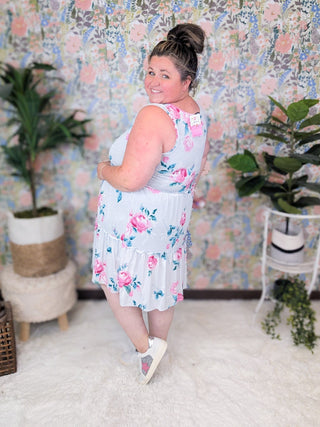 SALE- Vienna Vneck Tiered Tank Dress in Light Gray Floral-11- Dress/Romp/Jump-HEIMISH-Styled by Stacked - A Plus Size Women's Boutique in Lakeville, MN