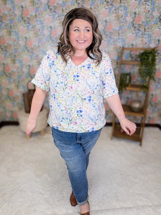 Sophie Vneck Perfect Tee in Spring Florals (3 Colors)-1- ShortSlv/Slvless Tops-MICHELLE MAE-Styled by Stacked - A Plus Size Women's Boutique in Lakeville, MN