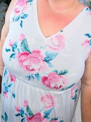 SALE- Vienna Vneck Tiered Tank Dress in Light Gray Floral-11- Dress/Romp/Jump-HEIMISH-Styled by Stacked - A Plus Size Women's Boutique in Lakeville, MN