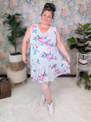 SALE- Vienna Vneck Tiered Tank Dress in Light Gray Floral-11- Dress/Romp/Jump-HEIMISH-Styled by Stacked - A Plus Size Women's Boutique in Lakeville, MN
