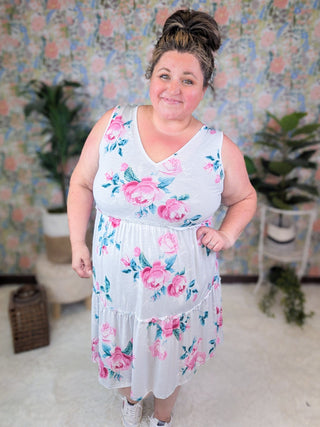 SALE- Vienna Vneck Tiered Tank Dress in Light Gray Floral-11- Dress/Romp/Jump-HEIMISH-Styled by Stacked - A Plus Size Women's Boutique in Lakeville, MN