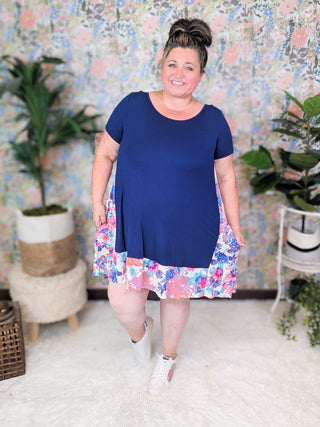 Taren Floral Blocked Tshirt Dress in Navy-11- Dress/Romp/Jump-HEIMISH-Styled by Stacked - A Plus Size Women's Boutique in Lakeville, MN