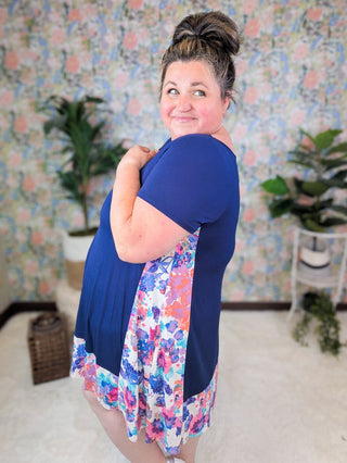 Taren Floral Blocked Tshirt Dress in Navy-11- Dress/Romp/Jump-HEIMISH-Styled by Stacked - A Plus Size Women's Boutique in Lakeville, MN