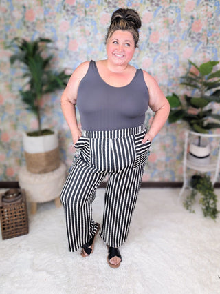 Michaela Pull On Straight Leg Pants in Black + Ivory Stripe-10- Bottoms Non-Denim-HEIMISH-Styled by Stacked - A Plus Size Women's Boutique in Lakeville, MN