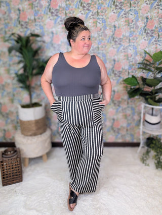 Michaela Pull On Straight Leg Pants in Black + Ivory Stripe-10- Bottoms Non-Denim-HEIMISH-Styled by Stacked - A Plus Size Women's Boutique in Lakeville, MN