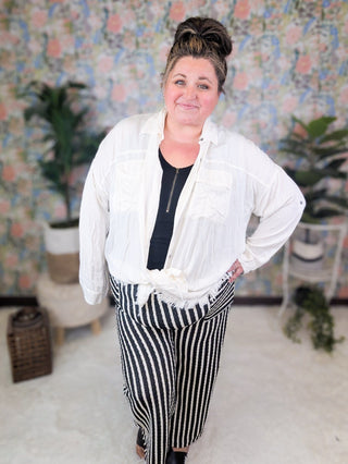 Michaela Pull On Straight Leg Pants in Black + Ivory Stripe-10- Bottoms Non-Denim-HEIMISH-Styled by Stacked - A Plus Size Women's Boutique in Lakeville, MN