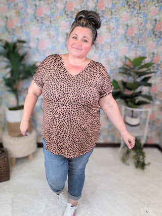 Isla Vneck Slinky Short Sleeve Top in Mocha Dot-1- ShortSlv/Slvless Tops-HEIMISH-Styled by Stacked - A Plus Size Women's Boutique in Lakeville, MN