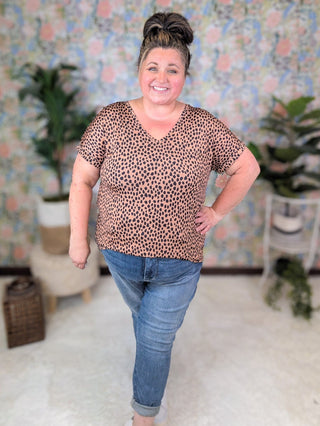 Isla Vneck Slinky Short Sleeve Top in Mocha Dot-1- ShortSlv/Slvless Tops-HEIMISH-Styled by Stacked - A Plus Size Women's Boutique in Lakeville, MN