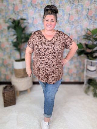 Isla Vneck Slinky Short Sleeve Top in Mocha Dot-1- ShortSlv/Slvless Tops-HEIMISH-Styled by Stacked - A Plus Size Women's Boutique in Lakeville, MN