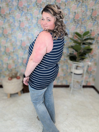 Tiffanie Scoopneck Tank in Navy Stripes-1- ShortSlv/Slvless Tops-MICHELLE MAE-Styled by Stacked - A Plus Size Women's Boutique in Lakeville, MN