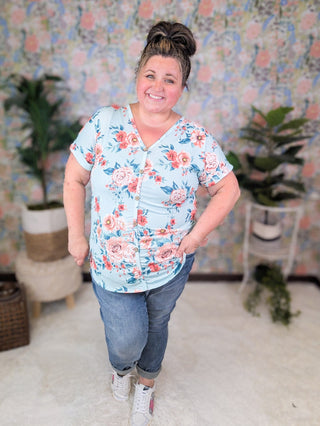 Coralie Button Detail Short Sleeve in Aqua Mint Floral-1- ShortSlv/Slvless Tops-HEIMISH-Styled by Stacked - A Plus Size Women's Boutique in Lakeville, MN