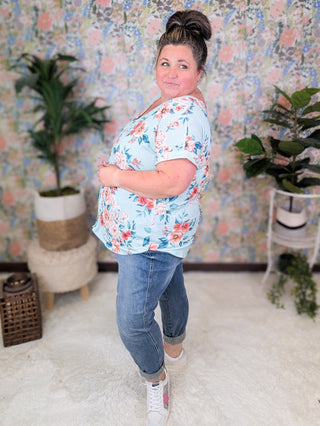 Coralie Button Detail Short Sleeve in Aqua Mint Floral-1- ShortSlv/Slvless Tops-HEIMISH-Styled by Stacked - A Plus Size Women's Boutique in Lakeville, MN