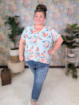 Coralie Button Detail Short Sleeve in Aqua Mint Floral-1- ShortSlv/Slvless Tops-HEIMISH-Styled by Stacked - A Plus Size Women's Boutique in Lakeville, MN