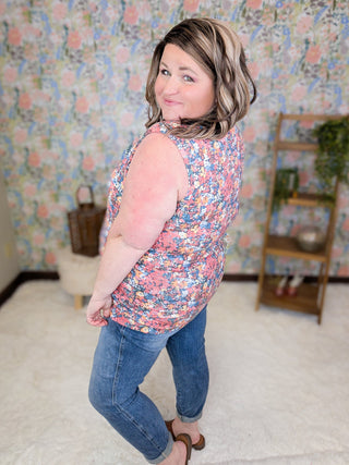 Livi Triple Stretch Tank in Bright Floral on Black-1- ShortSlv/Slvless Tops-MICHELLE MAE-Styled by Stacked - A Plus Size Women's Boutique in Lakeville, MN