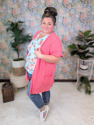 Cameron Short Sleeve Dolman Cardigan w/Pockets in Coral Pink-4- Overlayer Tops-HEIMISH-Styled by Stacked - A Plus Size Women's Boutique in Lakeville, MN